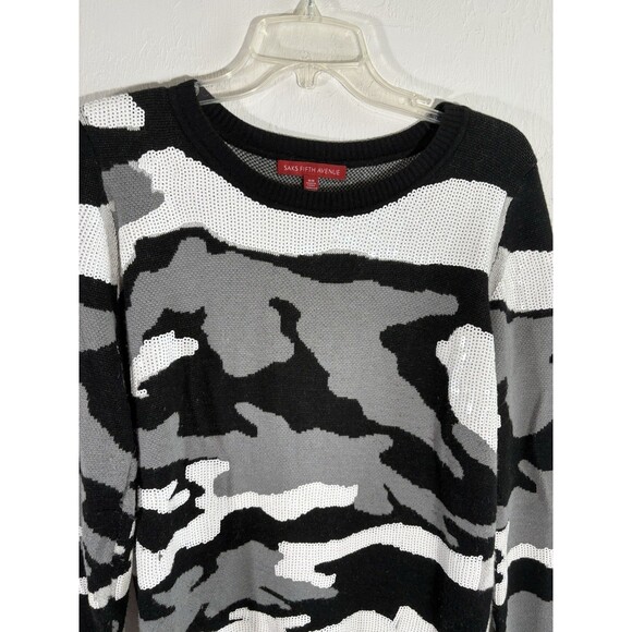 Saks Fifth Ave Women Medium Pullover Sweater Black Gray White Sequin Camo - Picture 1 of 7